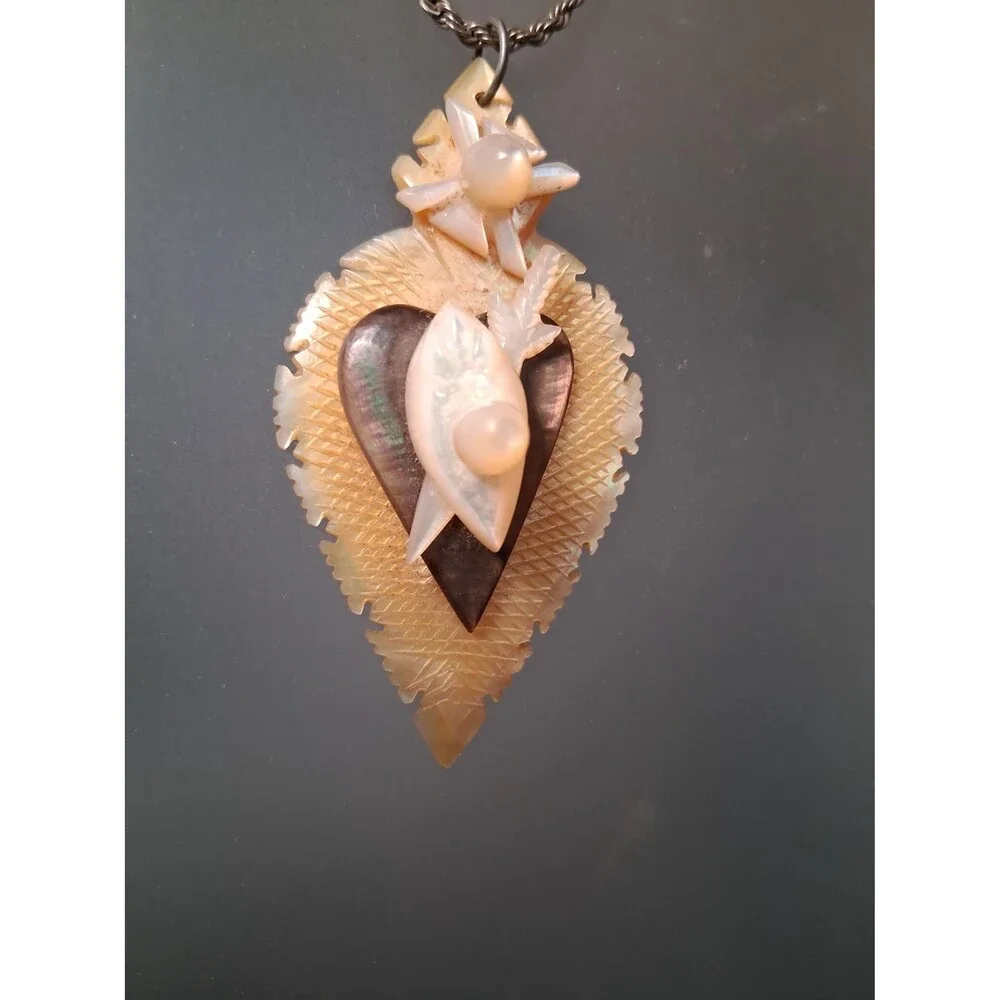 Carved Sacred Heart Necklace Mother of Pearl